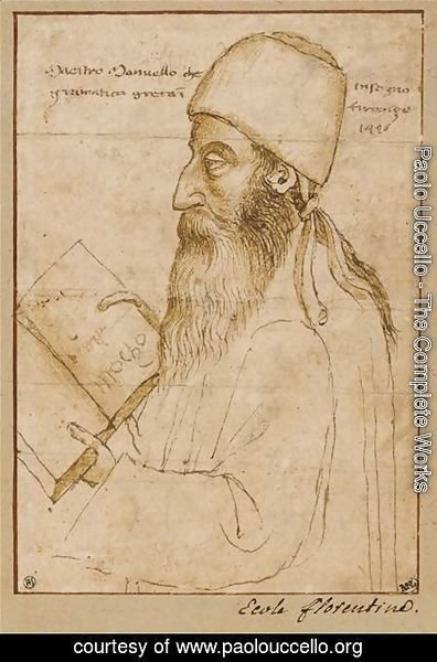 Portrait of Manuel Chrysoloras wearing a hat and holding a book